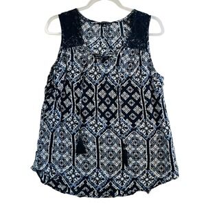Relativity 1X Navy Blue Printed Tank Top Sleeveless Lace Tassel Boho Blouse
